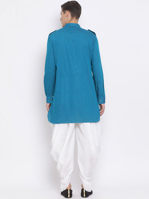 Vastramay Men's Turquoise Blue Cotton Blend Kurta and White Dhoti Set